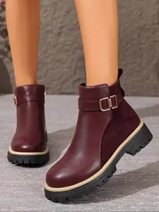 Women's Wine Velvet & Leather Soft Western Ankle Boots, Side Zipper Buckle Detail, Chunky Heel, Vintage Boho Style, Fall Winter Fashion, Rubber