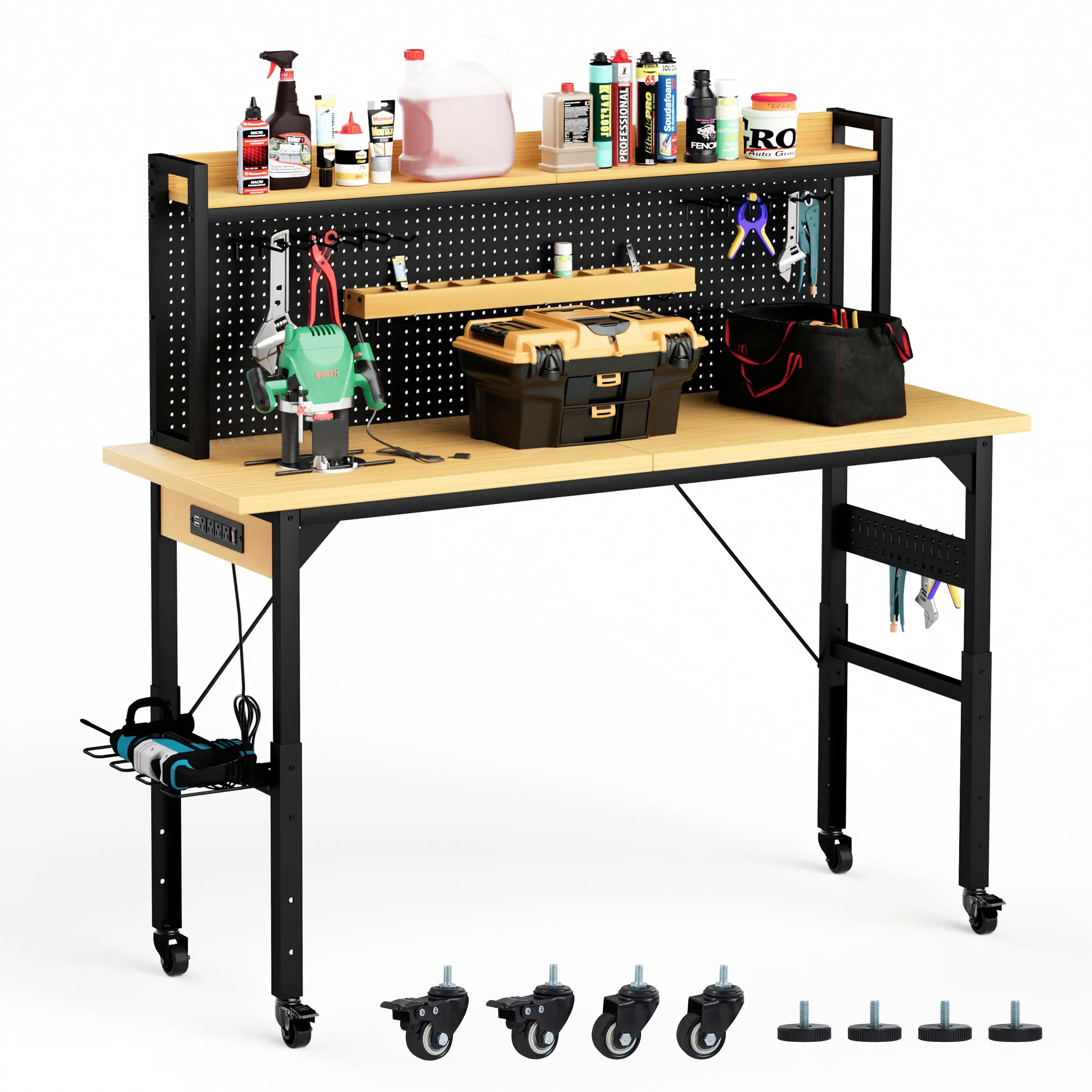 71-Inch Adjustable Rolling Workbench with Pegboard, Heavy Duty Wooden Desktop, 1600 lb Capacity, AC/USB Outlet, Hooks, Shelf, for Garage Workshop Office Home, Mobile Tool Station with Wheels, Living Room Table for Sofa Side, Bedroom, Office