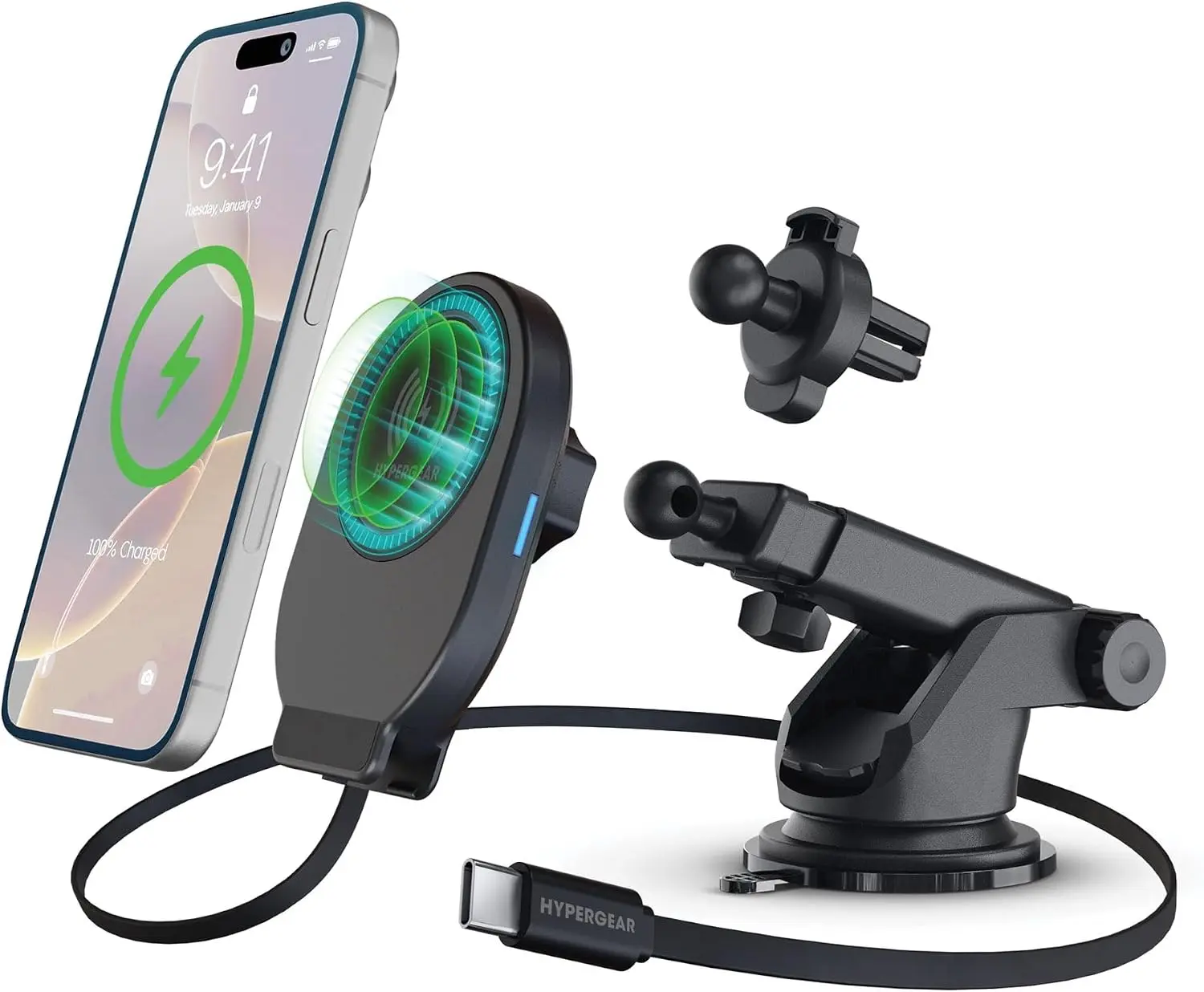 15W Wireless Charging Magnetic Car Phone Mount with Built-in Retractable USB-C Cable - Fast Charging Windsheild, Dashboard & Air Vent Mount for Phones