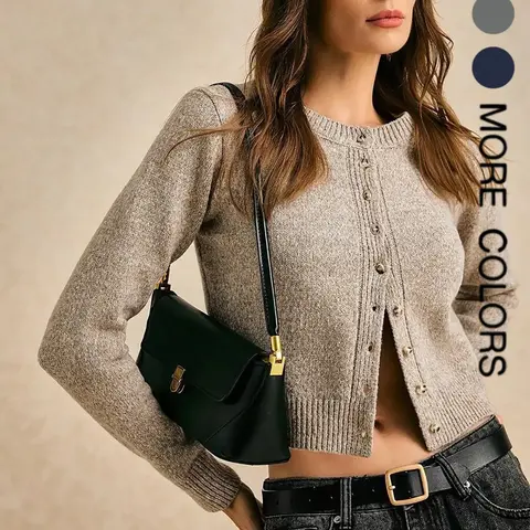 Vintage Women's Round Neck Knit Cardigan, Fashionable Casual Long Sleeve Sweater with Button Front Design, Fit, Soft and Comfortable, Womenswear, Knit Cardigan Sweaters