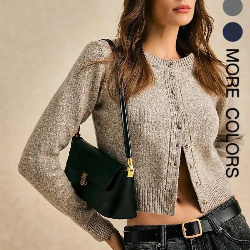 Vintage Women's Round Neck Knit Cardigan, Fashionable Casual Long Sleeve Sweater with Button Front Design, Fit, Soft and Comfortable, Womenswear, Knit Cardigan Sweaters