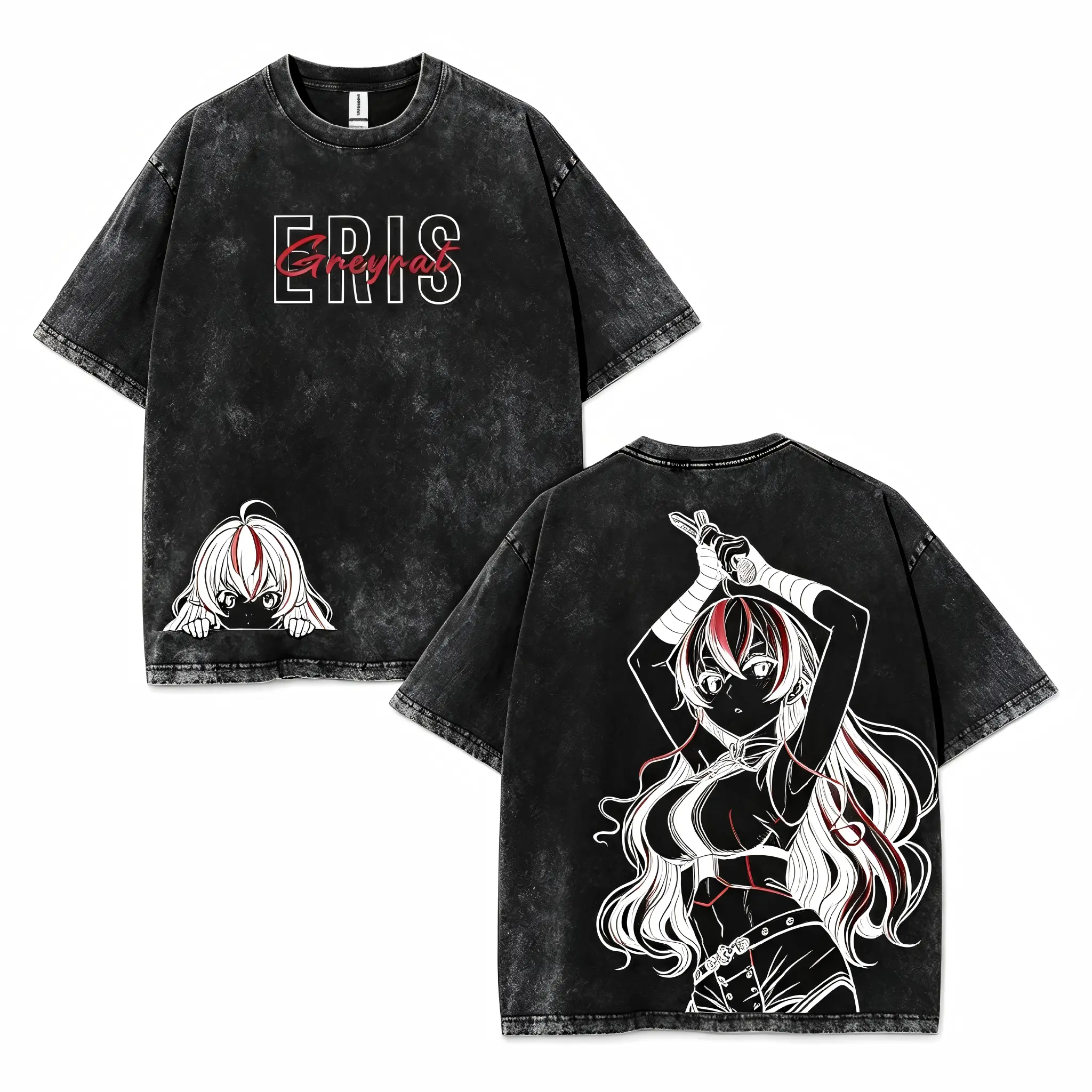 cotton 100% Mushoku Tensei Season Eris Greyrat Vintage Washed Tee Anime Graphic T-Shirt Tank Top Unisex Streetwear，Retro Anime Streetwear Casual Short Sleeve Top Ideal Gift For Anime Enthusiasts And Street‑Style Lovers