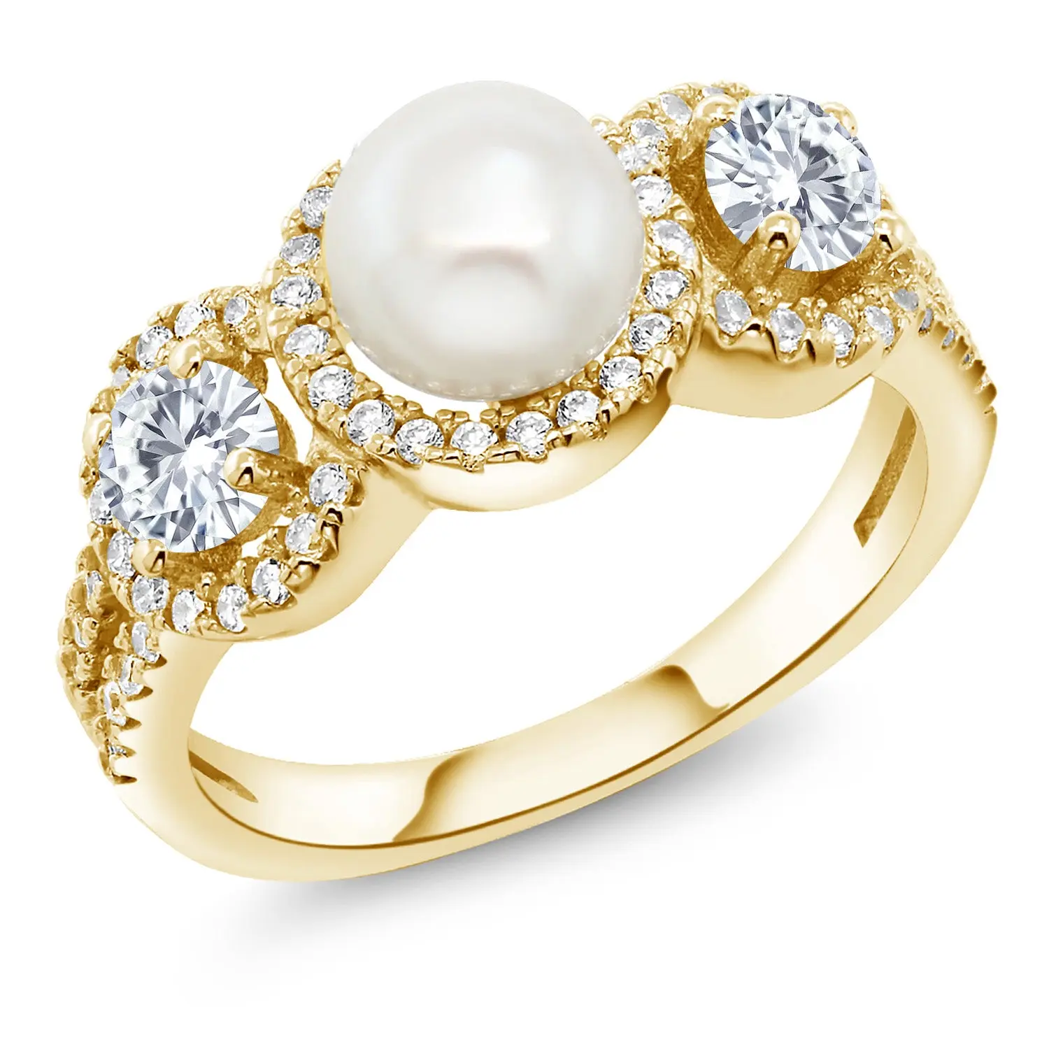 3-Stone Cultured Freshwater Pearl and Gemstone Birthstone Halo Ring for Women | 18K Yellow Gold Plated Silver | Round 4MM | Engagement Anniversary Promise Ring | Available In Size 5-9