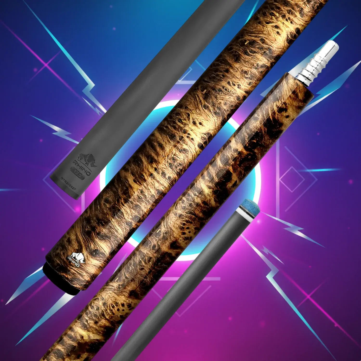 Rhino RETRÔ Thuya Wrapless Carbon Fiber Pool Cue – Exotic Burl Elegance, 12.5mm Time Crystal Tip, Pro Taper, 3/8-8 Stainless Joint, Weight Adjustable