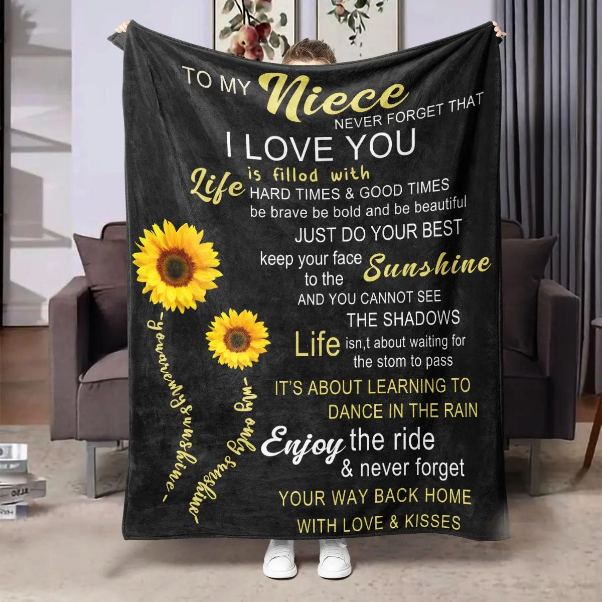 To My Niece Themed Letter Pattern Flannel Blanket, Soft Bedding Throw Blanket for Sofa, Bed, Living Room, Office, Couch, Travel, Camping, Car