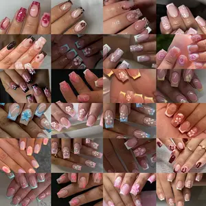 576pcs Short Square French Press-On Nails, 3D Gel Flowers, Peony Nail Art, Polka Dot and Leopard Patterns, Acrylic False Nails Set
