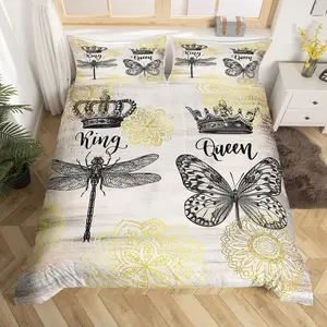 Couple Wedding Duvet Cover Dragonfly and Butterfly Bedding Set,Gold Boho Floral Comforter Cover Couples Gifts Engagement Newlyweds Gifts for His and Hers