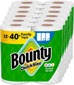 Bounty Quick-Size Paper Towels, White, 12 Family Triple Rolls = 40 Regular Rolls