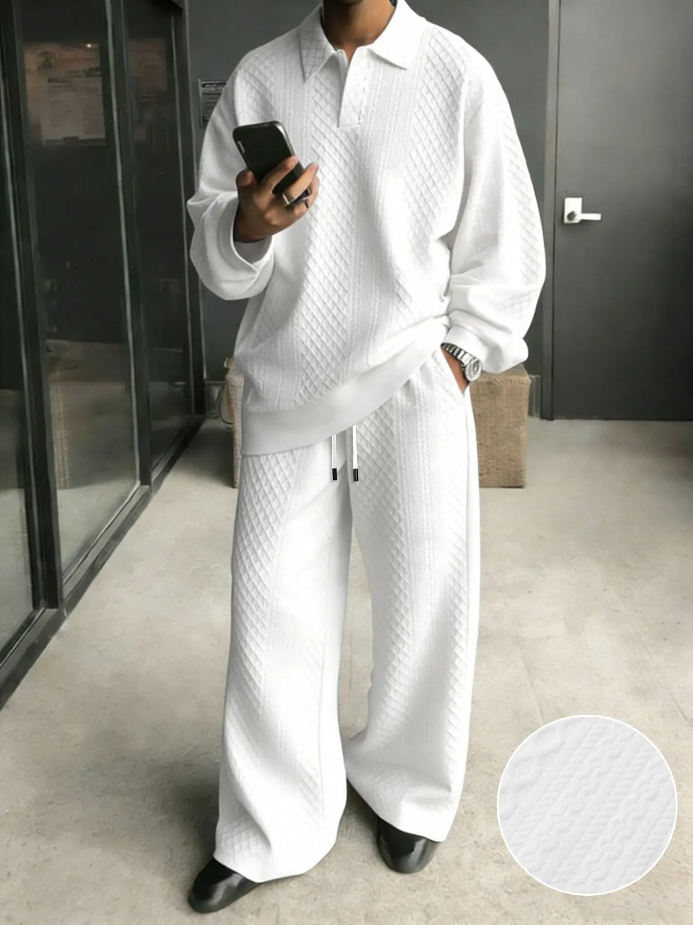 Men's Two-Piece Set Textured Fabric Polo Neck Long Sleeve Top + Straight Leg Pants, Thick and Sturdy, Casual and Formal, Spring Fall Winter