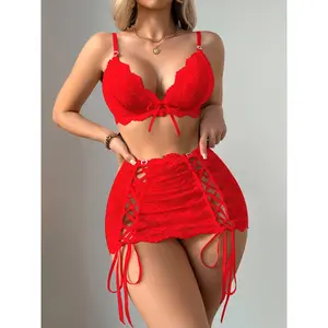 3-Piece Women's Soft Supportive Lingerie Set, Adjustable Lace Bra, Drawstring Mini Skirt & G-String with Romantic Bow & Heart Details, Sexy Bridal Sleepwear and Club Party, Valentine's Lingerie Gift for Her, Breathable Lingerie Clothes