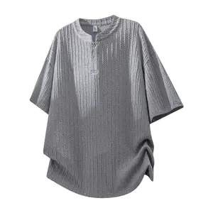 Men’s trendy brand half-placket short-sleeve T-shirt for summer, ice-feel loose casual drop-shoulder pullover top, versatile minimalist design, unisex