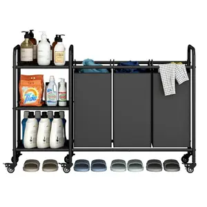 dealsforyoudays Laundry Basket Sorter Cart 2 Bag 3 Bag with Storage Shelf Laundry Hamper with Rolling Wheels for Clothes Storage Laundry Organizer Laundry Clothes Hamper, Black
