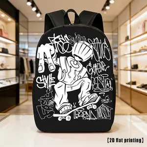 Durable Water Resistant Single Kids Backpack, Lightweight 600D Oxford School Daypack with Black White Street Skateboard Graffiti Character Full Print, Breathable Padded Strap Large Capacity Casual Bookbag for Hip Hop Teen Boys