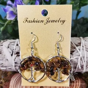 Platinum Plated Tiger's Eye Tree of Life Earrings for Courage and Protection hippiejewelry earthy jewelry