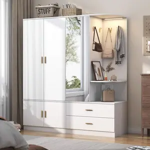 Armoire Wardrobe   Mirror And Sensor Light, Bedroom Armoire  5 Doors 2 Drawers, Modern Wooden Large Wardrobe   Shelves, 4 Hooks, 2 Hanging Rods, Open Space Faux Fur Bean Bag Sofa with closet