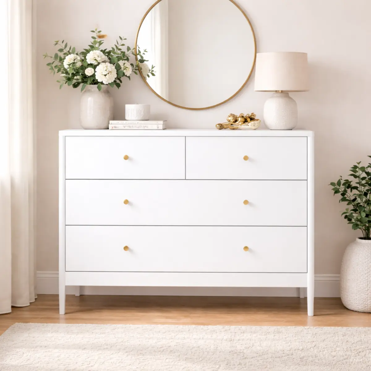 Kids' 4-Drawer Child-Safe Wooden Dresser with Brass Pulls, Solid Poplar Chest of Drawers, Anti-Tip Base, Modern Storage Cabinet for Nursery Bedroom, White