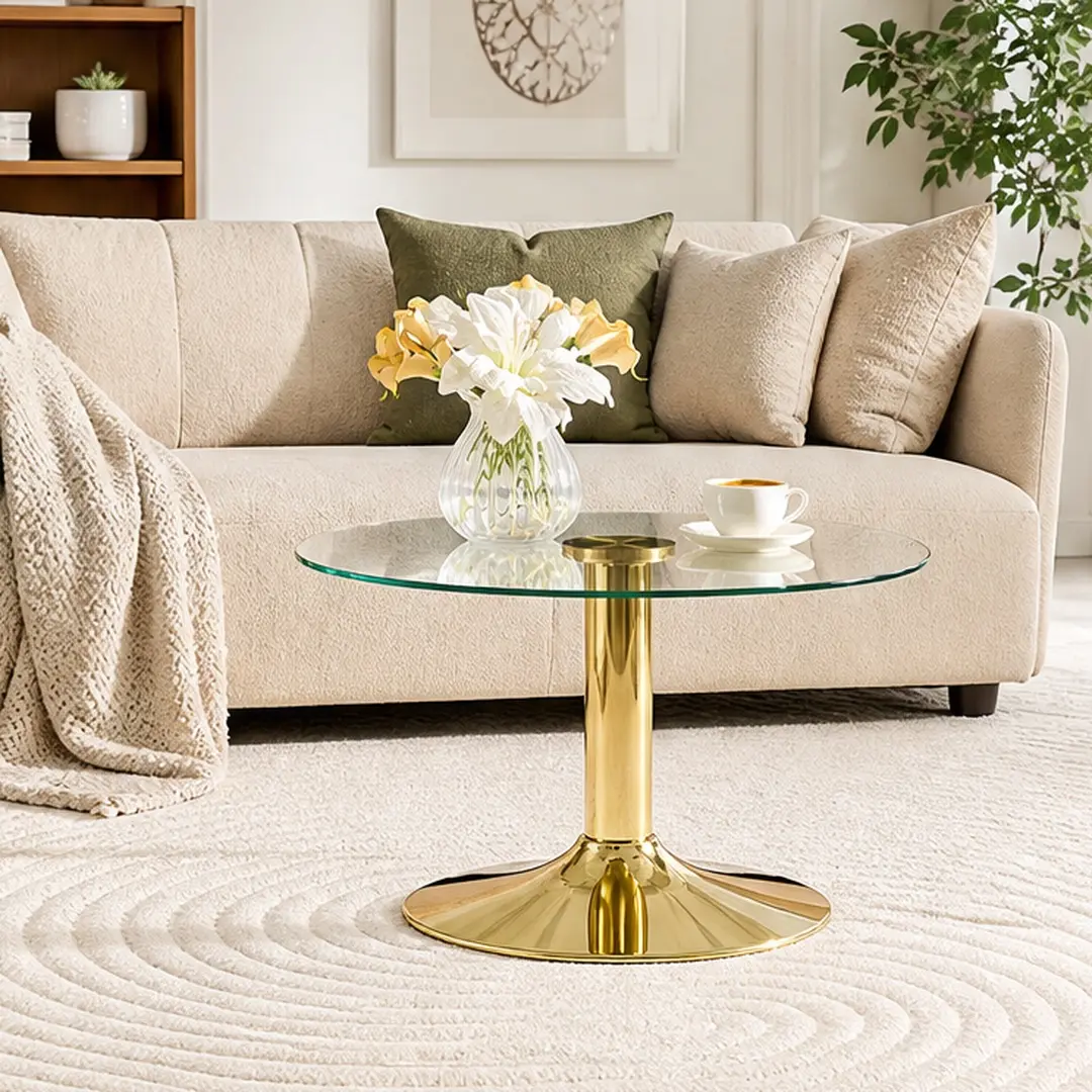 27.5in Round Tempered Glass Coffee Table for Living Room, Gold Metal Base, 17.7in Height, Clear Glass Top, Modern Light Luxury, Easy Assembly, Sturdy & Stable, Space-Saving, Versatile Use as Side Table or End Table, Glass+Metal Material