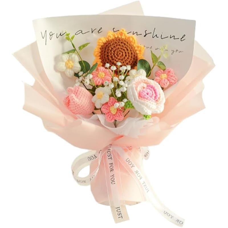 Crochet Flowers Bouquet Sunflower Rose : Handmade Knitted Bouquet for Valentines Day Mother's Day Birthday Home Decor Girlfriend (Pink)