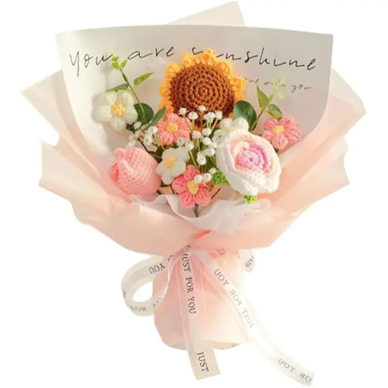 Crochet Flowers Bouquet Sunflower Rose : Handmade Knitted Bouquet for Valentines Day Mother's Day Birthday Home Decor Girlfriend (Pink)