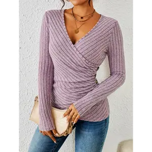 [Elegant V-Neck T-Shirt] Solid Color V-Neck Elegant Women's T-Shirt - Knit Polyester Top with Button Detail - Regular Length for Spring/Fall Season Chic Collar Fabric Knitwear Spandex Womenswear