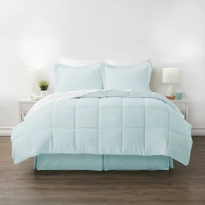 Queen 6-Piece Reversible Microfiber Bed-in-a-Bag Comforter Set - Aqua, Classic, Wrinkle-Resistant, Machine Washable, Non-Pilling, Durable Bedding Set