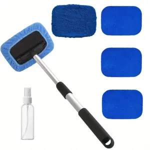 Windshield Cleaner Tool – Microfiber Car Window Cleaner With Extendable Handle & 4 Reusable Microfiber Pads, Auto Inside Glass Wiper Kit for Car, Trucks, SUVs, RVs & Home Wind