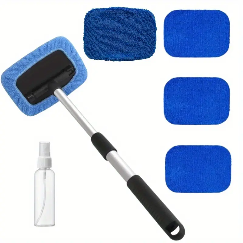 Windshield Cleaner Tool – Microfiber Car Window Cleaner With Extendable Handle & 4 Reusable Microfiber Pads, Auto Inside Glass Wiper Kit for Car, Trucks, SUVs, RVs & Home Wind