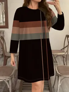 Plus Size Women All over Print Long Sleeve Dress, Casual Round Neck Loose Fit, Lightweight Comfortable Daily Wear, Spring & Fall Fashion