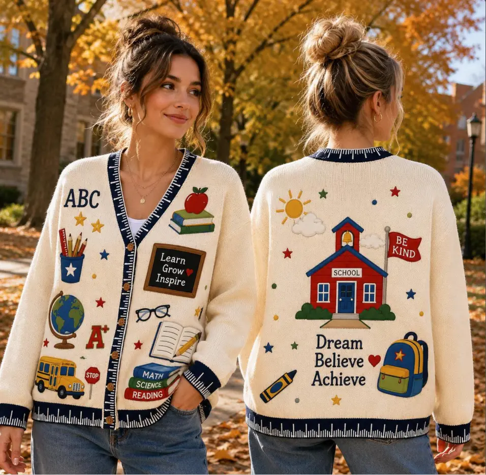 Knitted Cardigan: Back to School Teacher Cardigan, Cute Apple Cardigan for Teachers, Kindergarten Teacher Sweater
