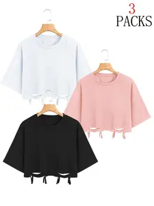 3packs Women's Distressed Cropped T-Shirt, Casual Loose Short Sleeve Crop Top, Streetwear Tee for Summer, Campus & Loungewear