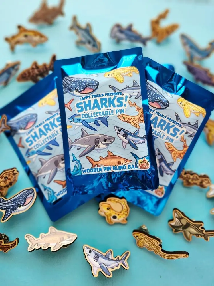 Cappy Trails Shark Wooden Pins Blind Bag Collectible Original Art with 25 to Collect Unique Sea Life Designs