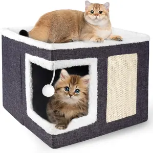 Cat Houses for Indoor Cats - Large Cat Bed Cave with Scratch Pad and Fluffy Ball, Foldable Cat Condo Hideaway with Reversible Cushion for Multi Small Pet, Dark Grey apartment,Easter