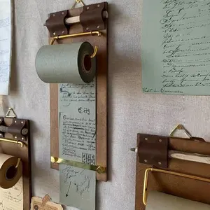 1 piece of vintage clipboard hanging notepad, reusable kraft paper roll with cutter, including vintage office, kitchen, and home decor wooden pens (tea green)