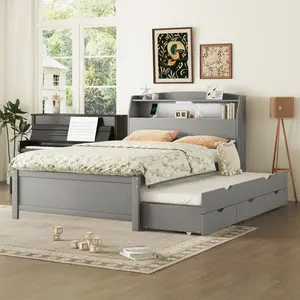 Full Size Wooden LED Platform Bed with Trundle, with Storage Headboard, with Drawers, Gray