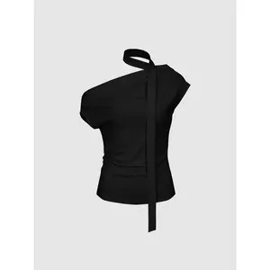 URBAN REVIVO Women's Minimalist Cotton Viscose Shortsleeve Blouse - 2026 Scarf Neck, 1-Shoulder, Fitted, Ruched Casual Top with Soft Fabric