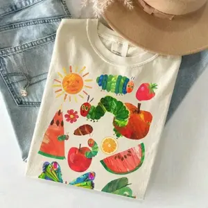 Women's The Very Hungry Caterpillar Teacher Tee, 100% Combed Cotton 230g/m² Heavyweight Round Neck Short Sleeve Fabric, Smooth Ultra-Soft Fade-Resistant Pill-Free USA-Made Casual Wardrobe Essential, Teacher Life Gift