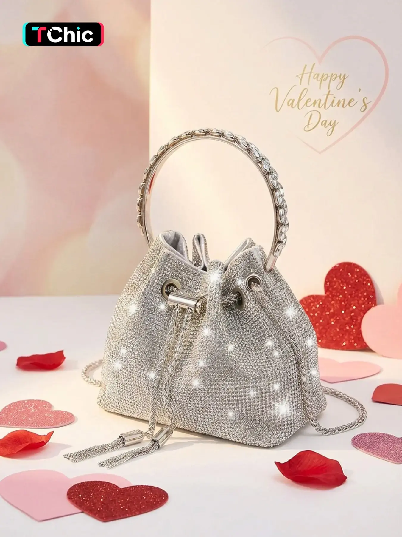 Valentine's Day Luxury Rhinestone Bag, Shiny Diamond Bucket Bag, Designer Crossbody Bag, Evening Clutch, Glitter Evening Bag, Shoulder Chain Bag, Elegant Bags, Embellished Shoulder Bag, Fashionable Bags, Fashion Crossbody Purse