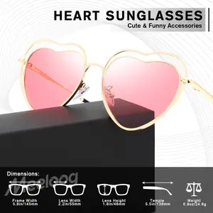 Women's fashionable heart-shaped polarized sunglasses, metal frame with pink lenses, gold frame with gray lenses, perfect for fashionable parties and Halloween, heart-shaped frames SM0001