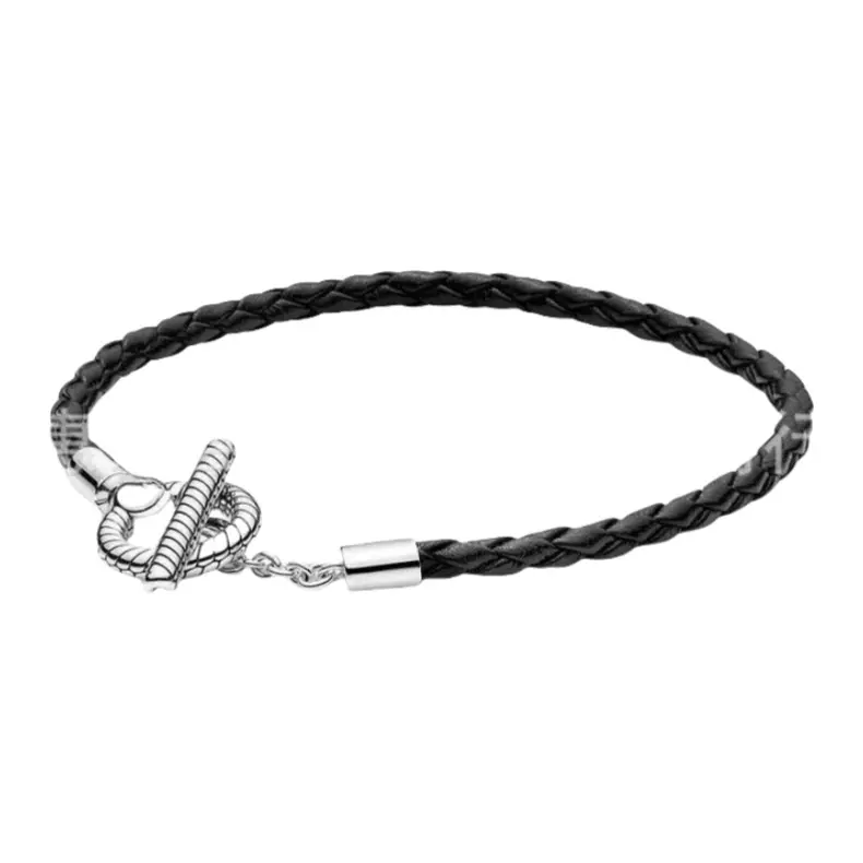 Silver Plated Braided Leather Bracelet with Toggle Clasp | Minimalist Fashion Bracelet for Women | Black Woven Bracelet