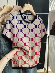 Geometric Letter Print Round Neck Knitted Sweater, Casual Short Sleeve Knitwear for Spring Summer Fall, Comfortable Warm Women's Clothing