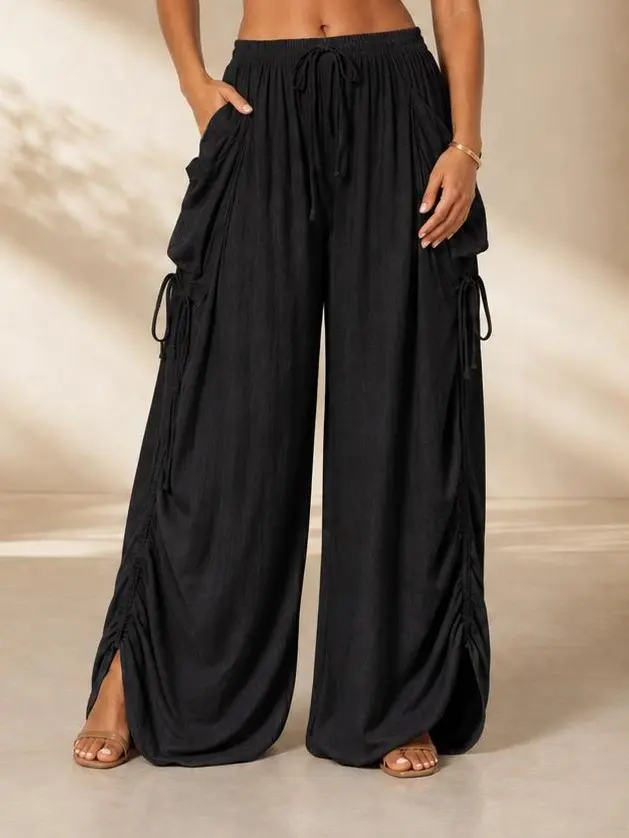 Women's Modest Islamic Black Wide-Leg Palazzo Pants - Drawstring Waist, Functional Pockets