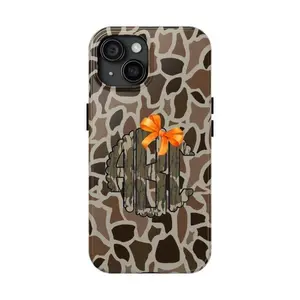 Old School Camo Tough Phone Case, Orange Bow and Camo Monogram, Gifts for Him, Deer Hunting, Duck Hunting, Fishing, Cotton