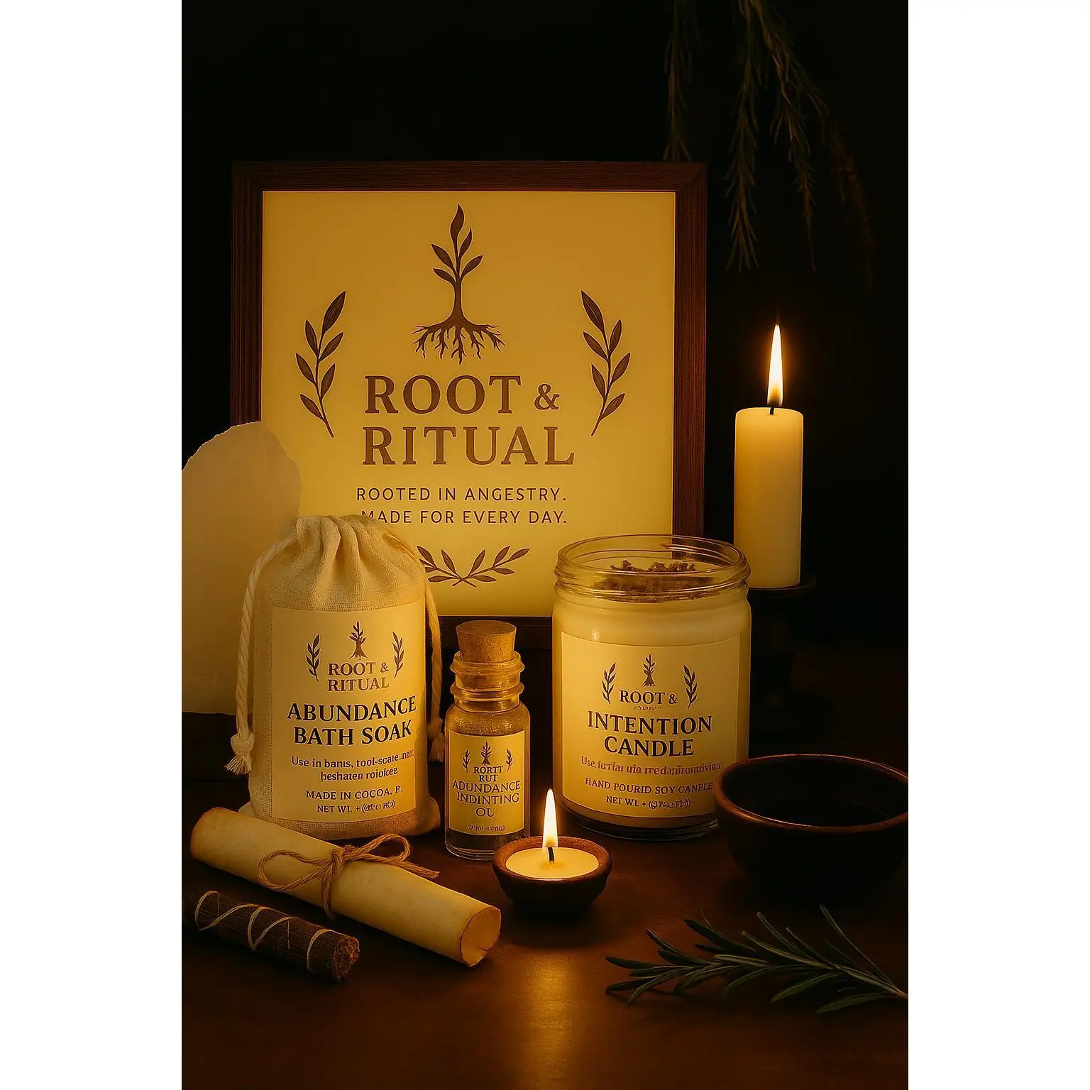 Good Fortune Kit – Abundance Ritual Set with Candle, Bath, Oil and Spell Card – Root & Ritual Hoodoo-Inspired Blessings Kit