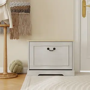 Antique White Flip-Top Shoe Storage Bench E1 MDF with Triamine Wood Grain 3-Level Adjustable Shelf Ventilated Back Design 300lbs High Load Space Saving Hidden Cabinet Easy Assembly Entryway Bench for Hallway Porch Living Room