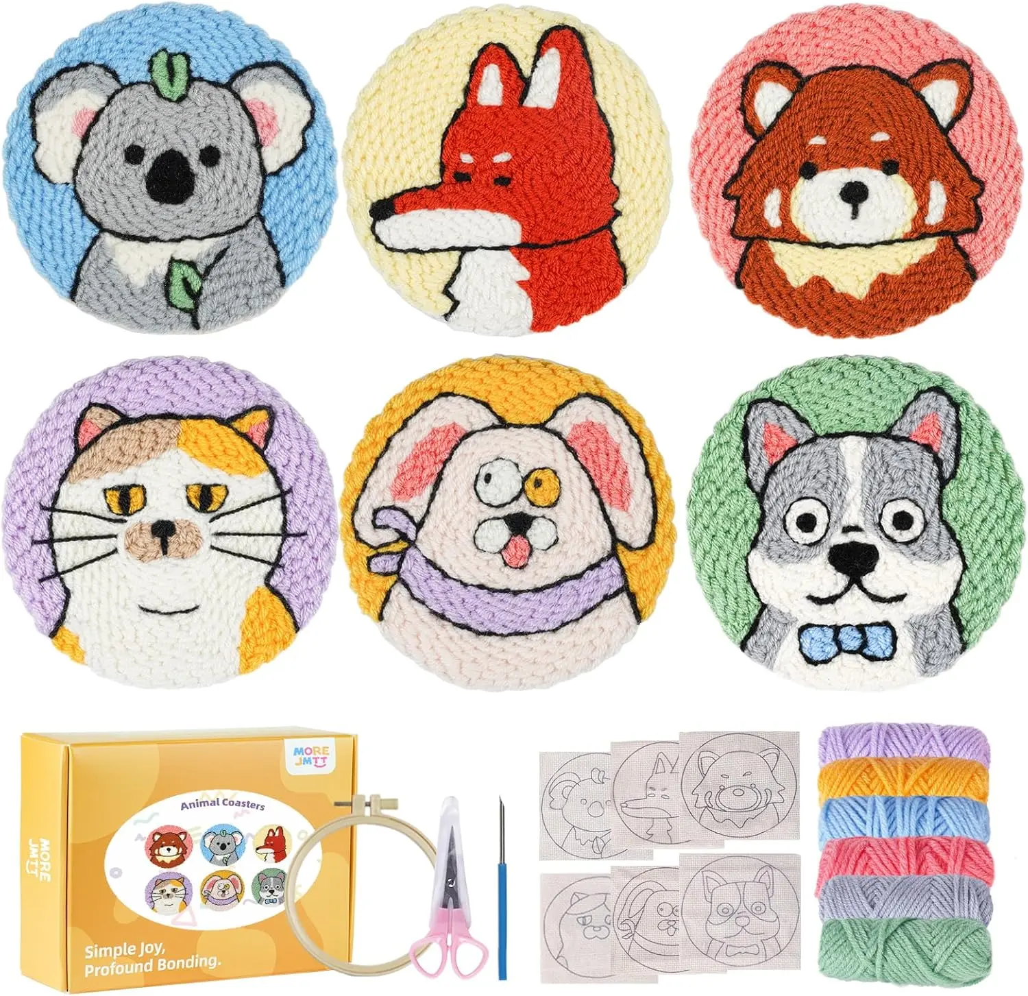 punch needle kit-6,embroidery kit for beginners, punch needle kits adults beginner, needles, curved scissors, a tool storage box, yarn, easy-to-follow instructions, and tutorial videos(6 animal coaster)
