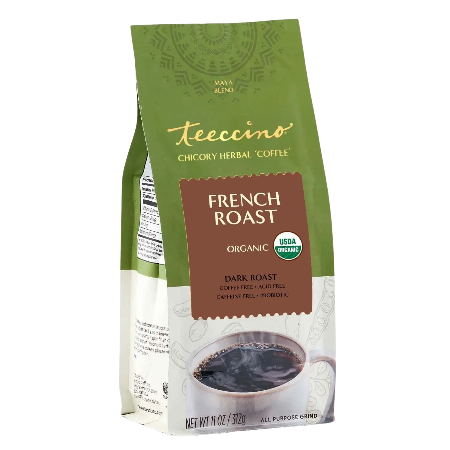 Teeccino French Roast Chicory Herbal Coffee - Organic Dark Roast - 4.3 oz (125g) - All Purpose Ground