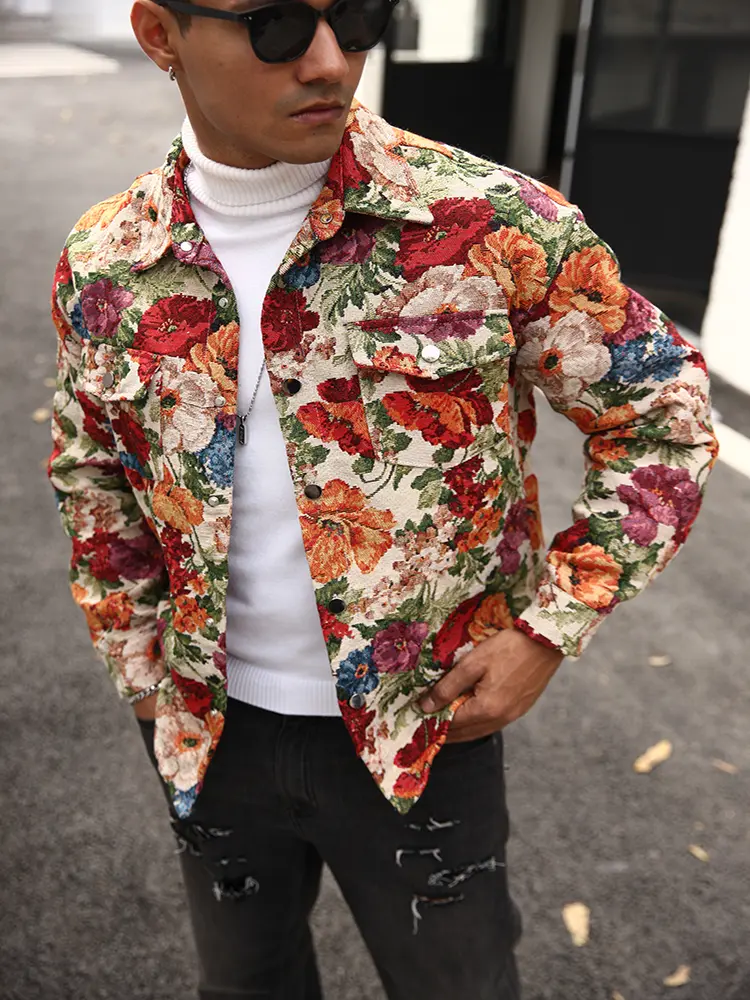 Men’s vintage floral jacquard shirt jacket – single-breasted open front, button-down collar, two pockets, machine washable, regular fit, versatile and stylish, non-stretch fabric, button closure design