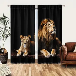 2pcs Window Curtains, Home Decoration Curtain, A male lion and a lioness repose on a wooden surface, set against a black background, the lion looks up, the lioness looks forward, Window Drapes for Bedroom Living Room, Rod Pocket Window Treatment