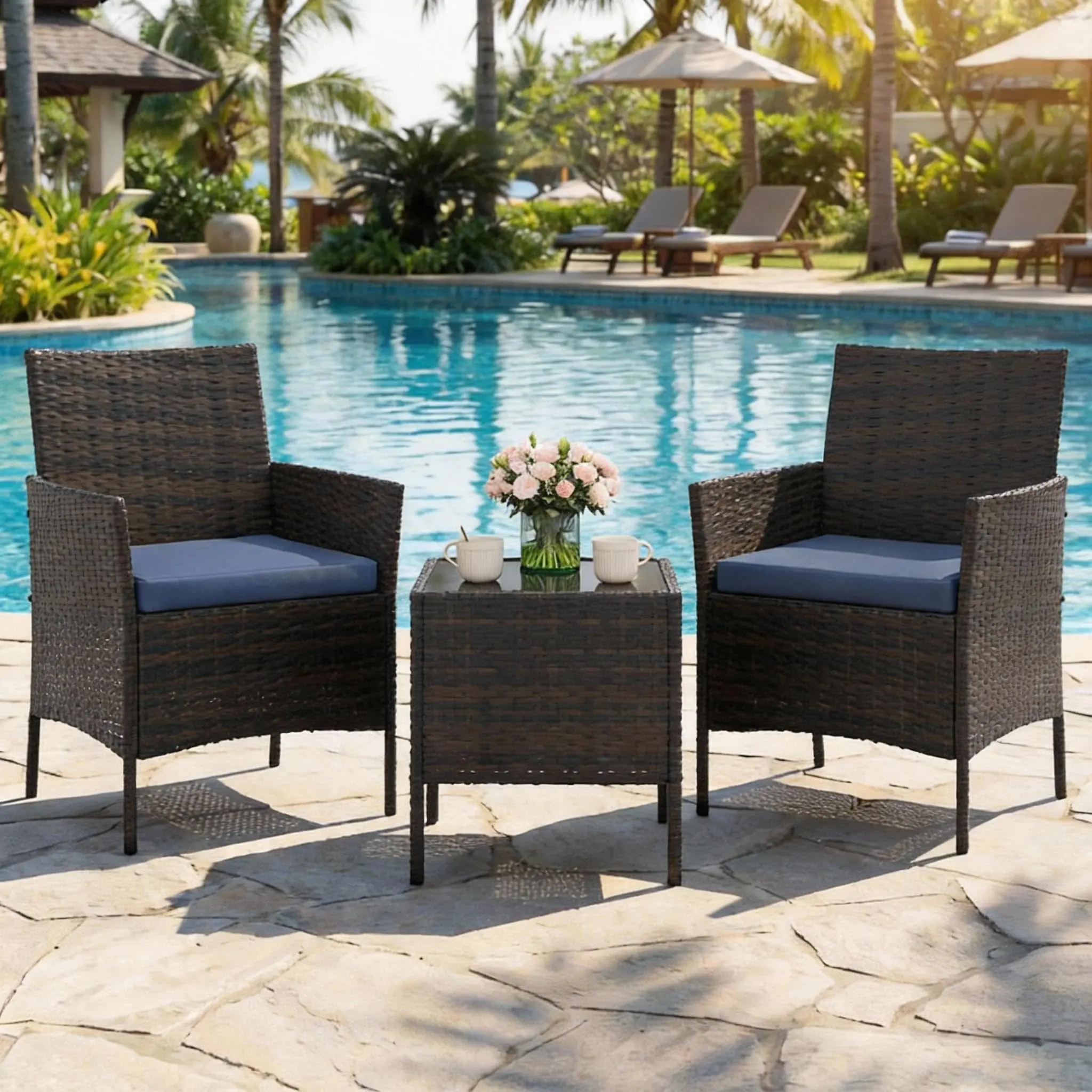 3-Piece PE Rattan Patio Furniture Set, Soft Cushioned Chairs with Tempered Glass Table, Weather Resistant Outdoor Sofa Set for Garden Balcony Poolside