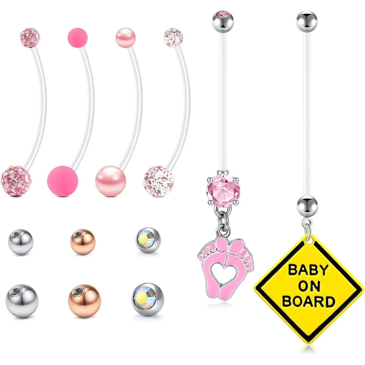 Pregnancy Belly Button Rings, Plastic Maternity Long Bar for Healing, Clear Flexible Belly Piercing Retainer with Replaceable Balls 18mm-38mm